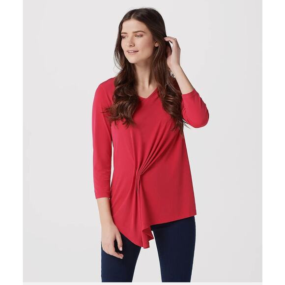 Susan Graver Liquid Knit VNeck Top W/ Draped Detail Hibiscus Large Tunic Blouse - Picture 1 of 10